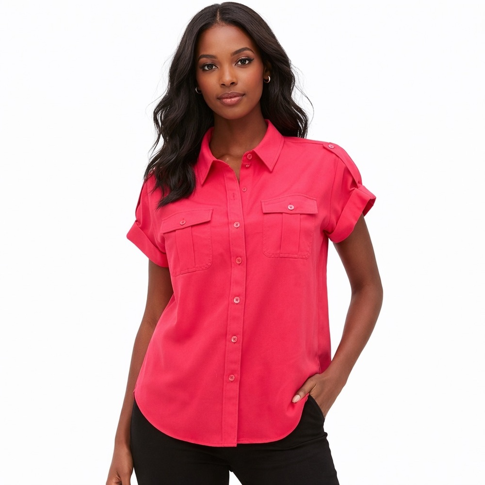 Karl Lagerfeld Hot Pink Button-Up Utility Blouse | Pocket Shirt